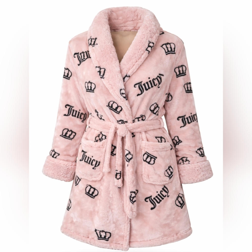 Juicy Couture Plush Pink Logo Robe – Ultra Soft Cozy Glam Spa Lounge (S/M-L/XL) - Picture 2 of 6